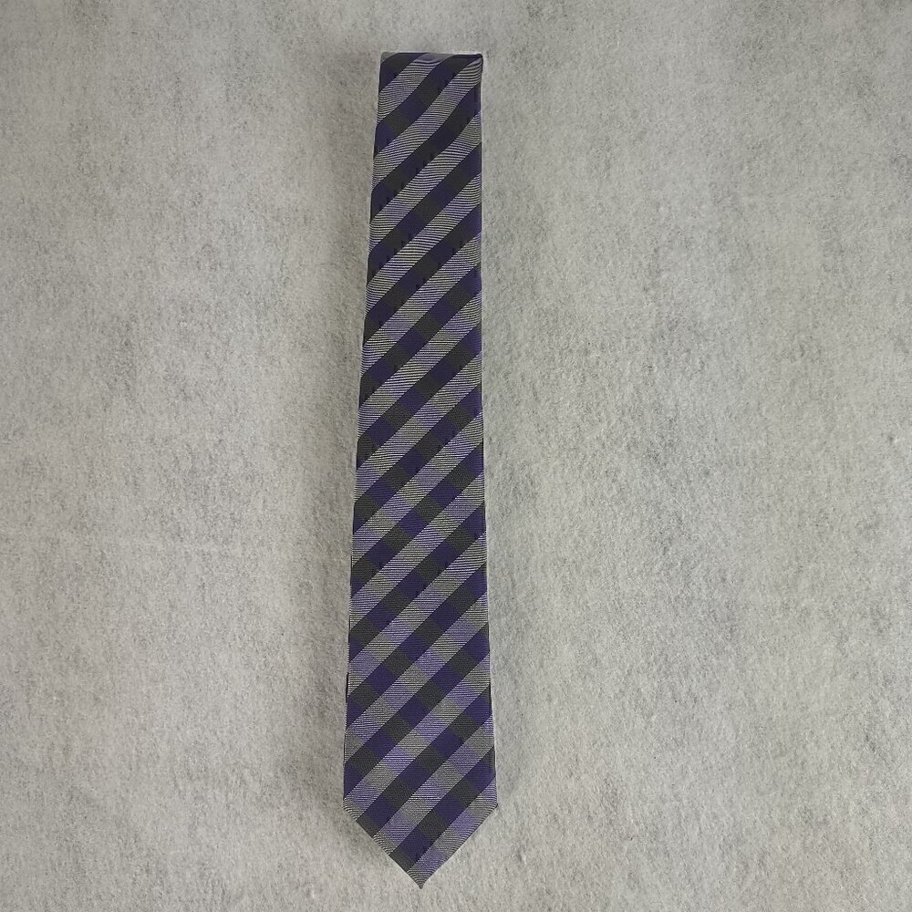 JF J. Ferrar Men's Purple, Gray, Dark Gray Striped 100% Polyester Men’ Neck Tie